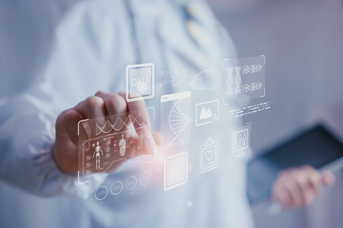 Doctor using predictive medical analytics digital AI interface in hospital